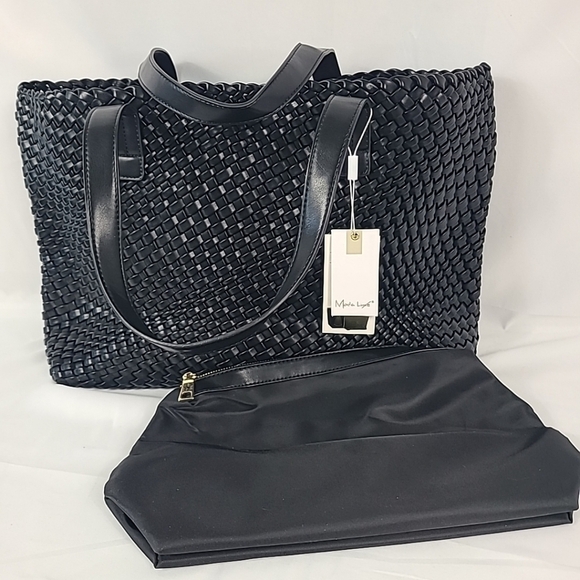 Moda Luxe Piquant Woven Hobo Shoulder Tote Luxury Handbag Vegan Leather Black - Picture 1 of 11